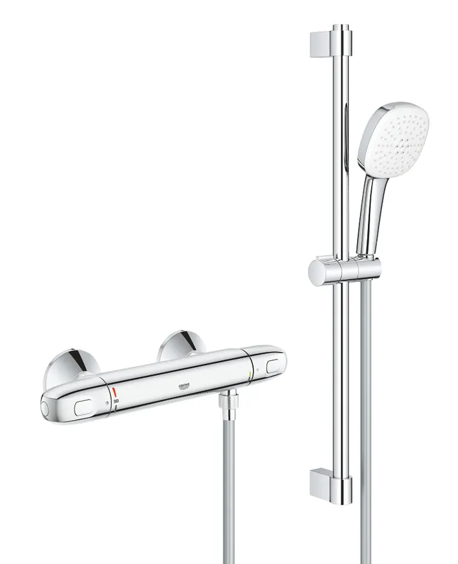 Koopje Grohe Grohtherm 1000 New comfortset m. douchethermostaat m. koppelingen HOH=15cm m. glijstang 60cm en handdouche m. 2 straalsoorten chroom 34820005