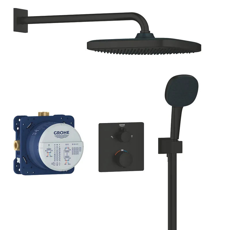 Direct Verzonden Grohe Precision showerset compleet m. handdouche Ø11cm m. 2 straalsoorten en hoofddouche 25x25cm m. inbouw douchekraan therm. vierkant m. omstel mat zwart 348822430