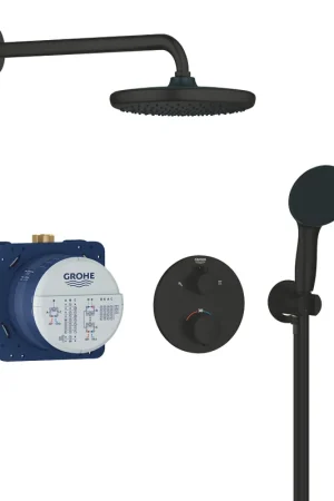 Bestseller Grohe Precision showerset compleet m. handdouche Ø11cm m. 2 straalsoorten en hoofddouche Ø25cm m. inbouw douchekraan therm. rond m. omstel mat zwart 348832430