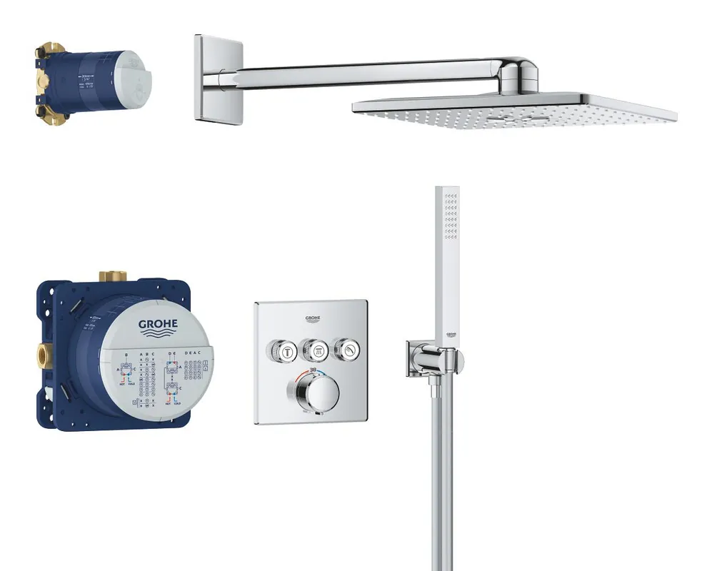 Koopje Grohe Precision Smart Control showerset compleet m. handdouche stick m. 1 straalsoort en hoofddouche 31x31cm m. inb. douchekraan therm. vierkant m. 3 functies chroom 34875000