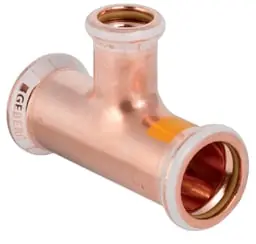 Koopje Geberit Mapress, Verloop T-stuk, gas, 90 graden, koper, met HNBR afdichtring, 28mm x 22mm x 28mm (persmof x persmof x persmof)