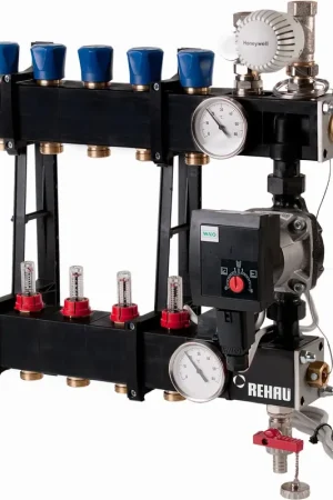 Seizoensaanbieding Rehau 3001 ESP vloerverwarming verdeler, kunststof 630x480x170mm, 3/4", 8 groepen, energiezuinige pomp en debietmeters 0-300 l/h 13756811001