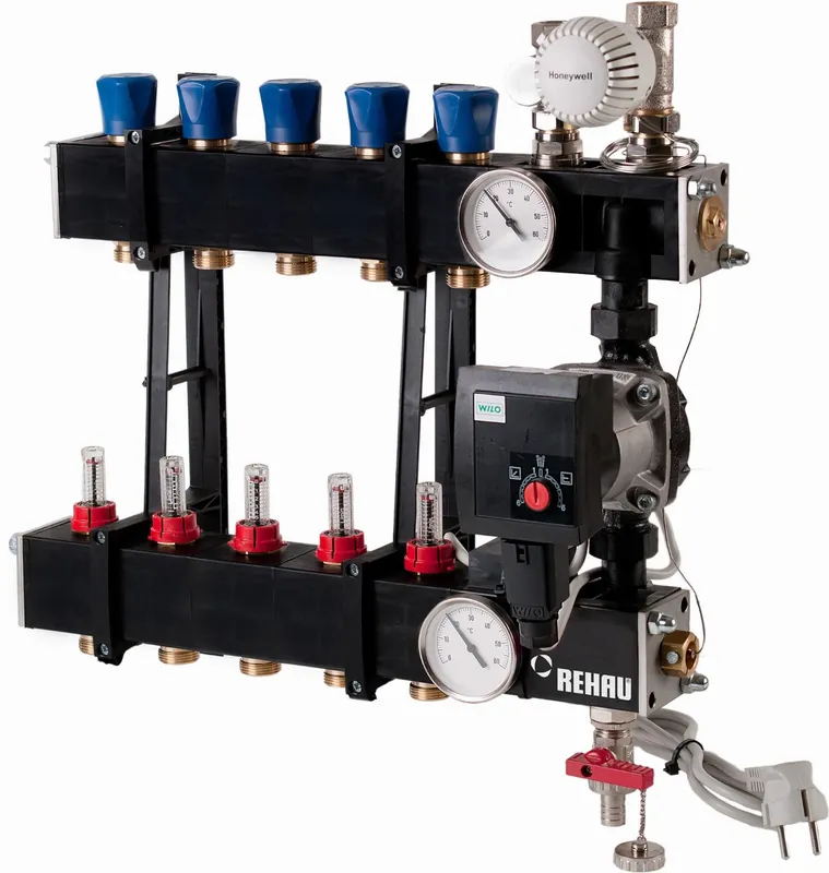 Rehau 3001 ESP vloerverwarming verdeler, kunststof 750x480x170mm, 3/4", 10 groepen, energiezuinige pomp en debietmeters 0-300 l/h 13757011001 Direct Beschikbaar