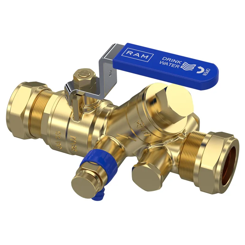 Lage Prijs Raminex RAM terugstroombeveiligingseenheid ES m. keerklep afsluiter en aftapper 22x22mm knel 113mm messing kiwa hendel blauw 280327