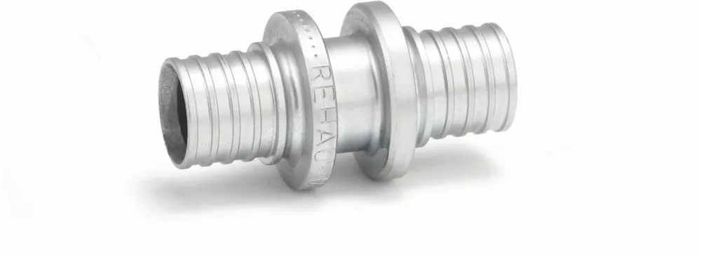 Merkproduct Rehau Rautherm fitting messing, rechte koppeling 20,2x20,2, (schuif x schuif)