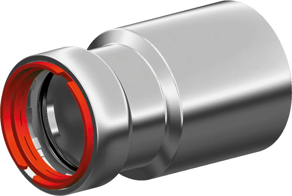 VSH Powerpress, Verloop fitting, 1 1/2" x 1" (schuifeind x persmof), staal, EPDM, DN25, DN40, PN16, max 16 bar, zink/nikkel Exclusieve Aanbieding