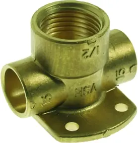VSH muurplaat, Soldeerfitting, 180° graden, laag, 15mm x 1/2" x 15mm (cap x binnendraad x cap), DN10, max 25 bar, messing Voordeelprijs