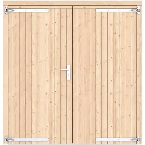 Vuren dubbele dichte deur kleurloos geïmpregneerd 201 x 209 cm verzinkte hengen RVS beslag 1073305 Gratis Retour