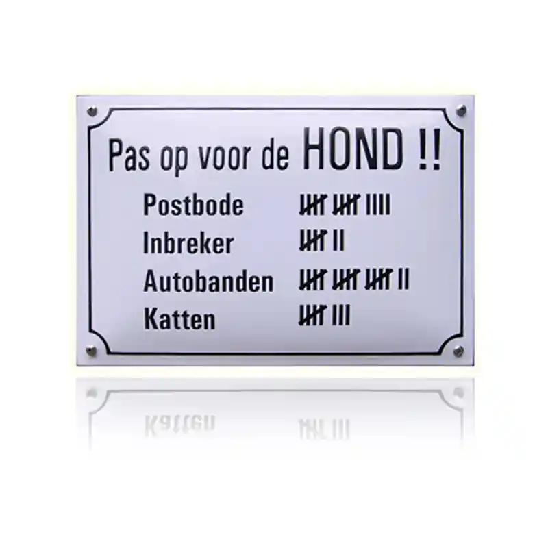 Merkproduct NH-48 emaille naambord ‘Pas op voor de hond!‘