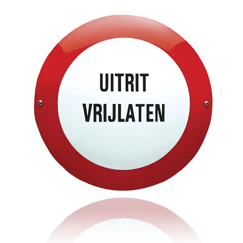 Emaille veiligheidsbord ‘Uitrit vrijlaten‘ rond Koop Vandaag