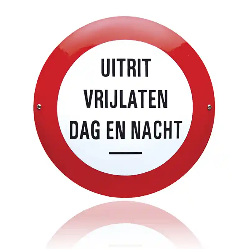 Emaille veiligheidsbord ‘Uitrit vrijlaten dag en nacht‘ rond Aanbieding
