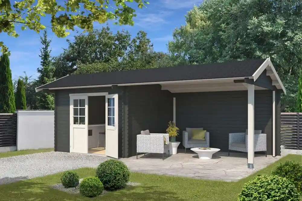 Betrouwbaar Outdoor Life Blokhut Maribel Carbon Grey-Wit 680 x 300 cm