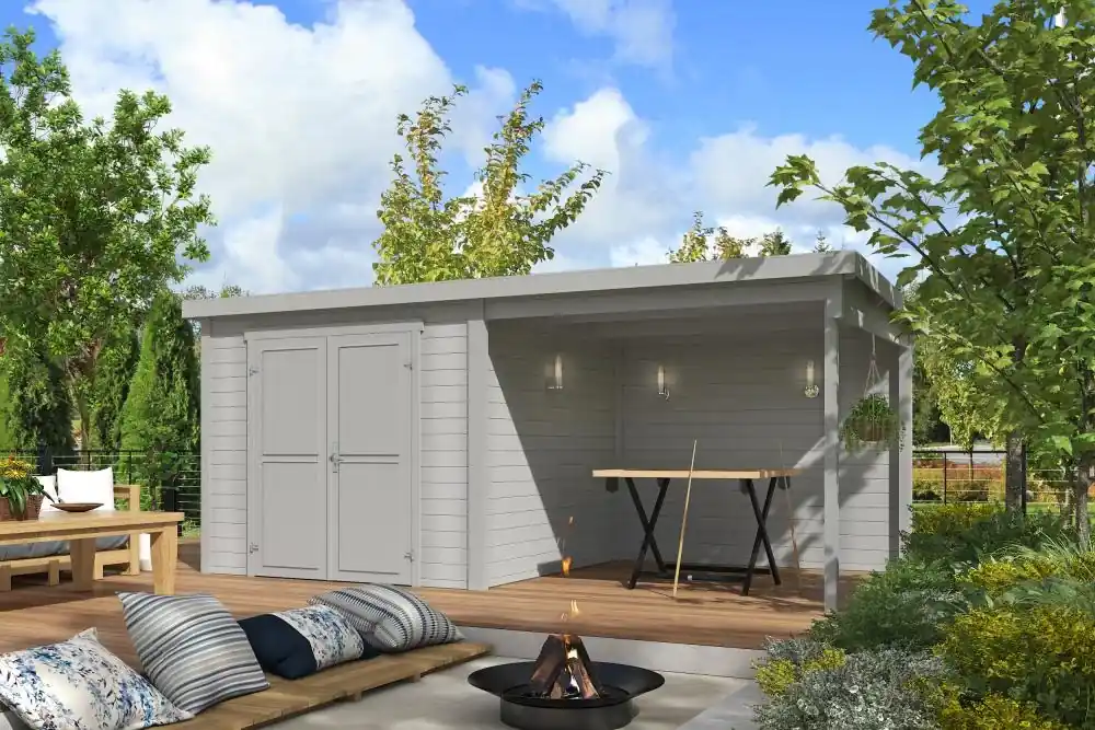 Exclusieve Aanbieding Outdoor Life Blokhut Lars met Overkapping Platinum Grey 500 x 250 cm