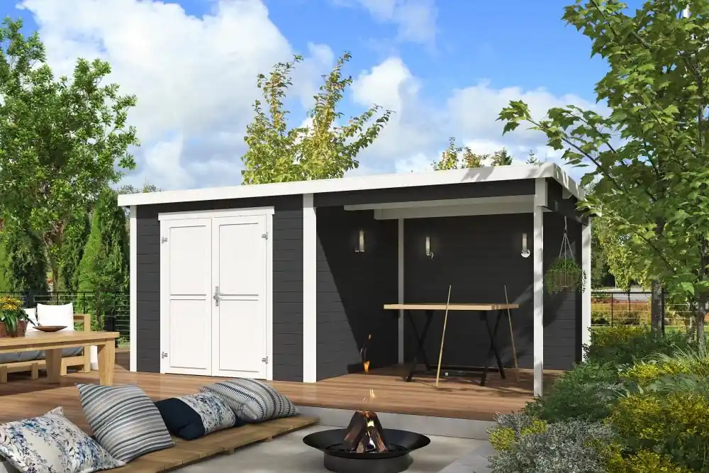 Actieprijs Outdoor Life Blokhut Lars met Overkapping Carbon Grey/Wit 500 x 250 cm