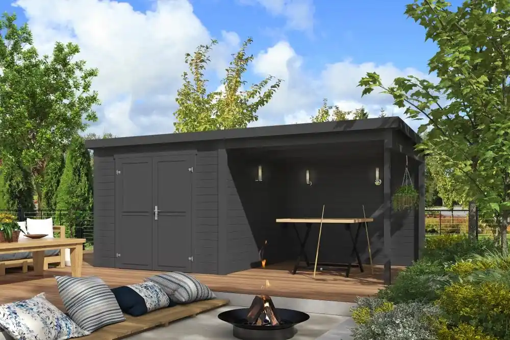 Beperkte Voorraad Outdoor Life Blokhut Lars met Overkapping Carbon Grey - 500 x 250 cm