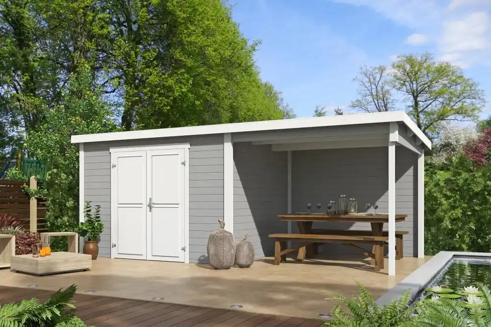 Express Levering Outdoor Life Blokhut Kjeld Met Overkapping Platinum Grey-Wit 550 x 250 cm