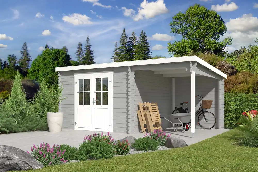 Outdoor Life Blokhut Tampa met Overkapping Platinum Grey-Wit 550 x 250 cm Premium