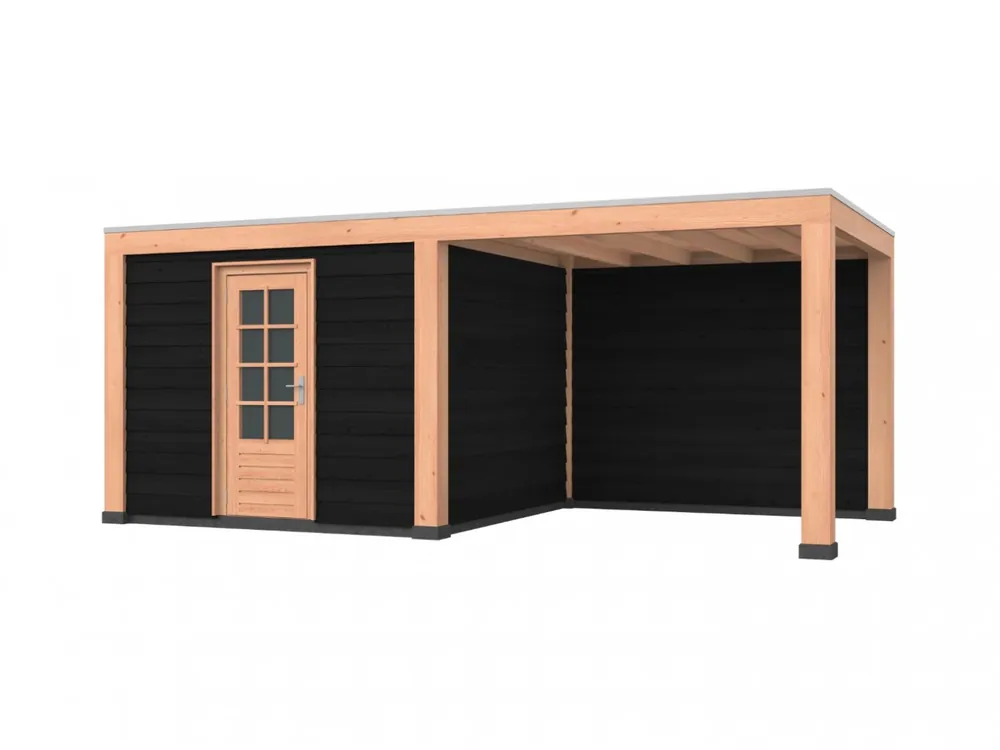 Hoge Kwaliteit Douglas overkapping, 600 x 300, met achterwand en schuur, Westwood Robuust zwart