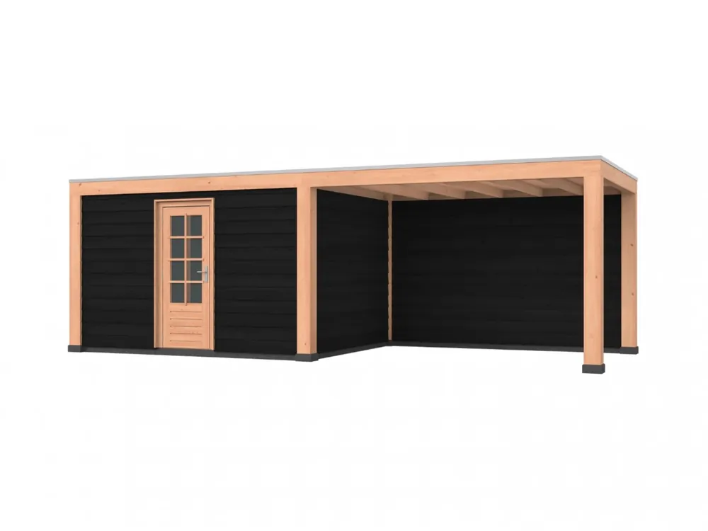 Flitsaanbieding Douglas overkapping, 750 x 300, met achterwand en schuur, Westwood Robuust zwart