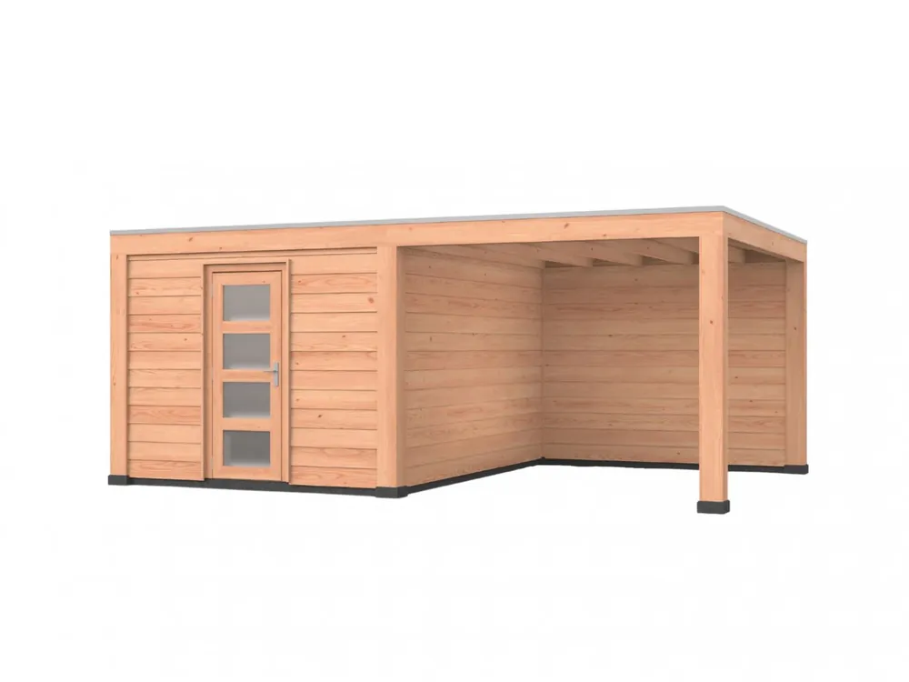 Aanbieding Douglas overkapping, 600 x 400, met achterwand en schuur, Westwood Robuust