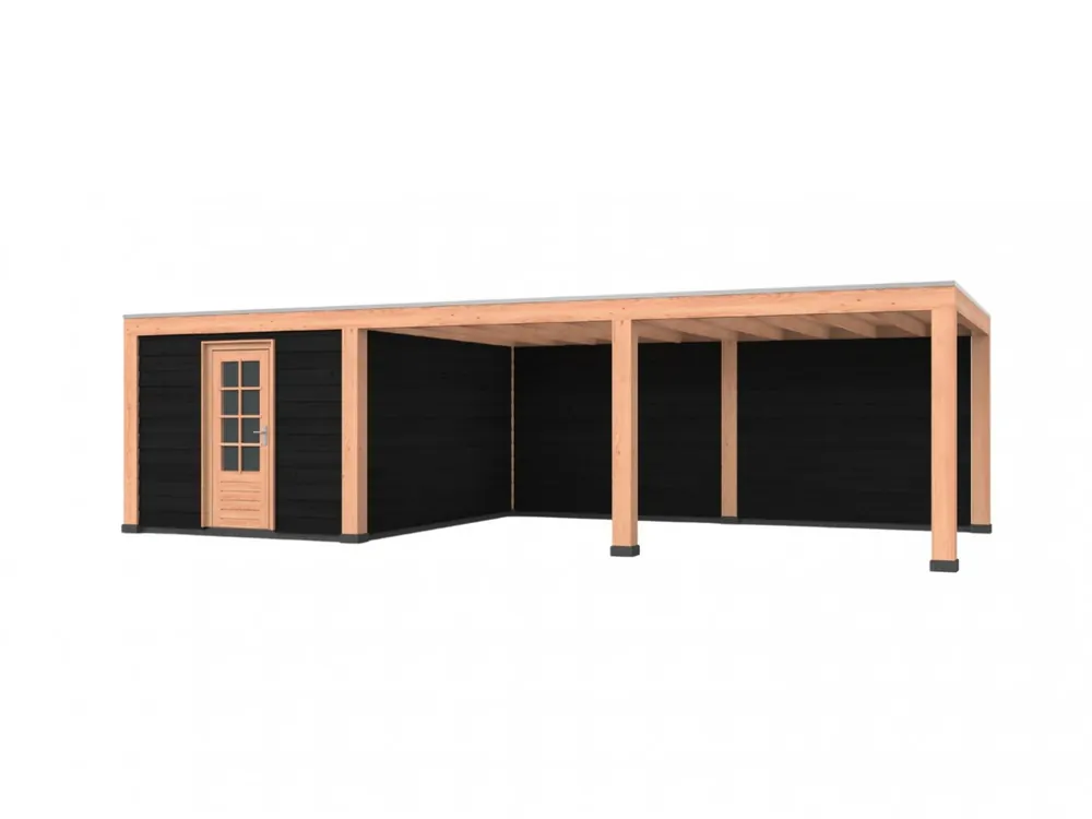 Douglas overkapping, 900 x 400, met achterwand en schuur, Westwood Robuust zwart Voordeelprijs