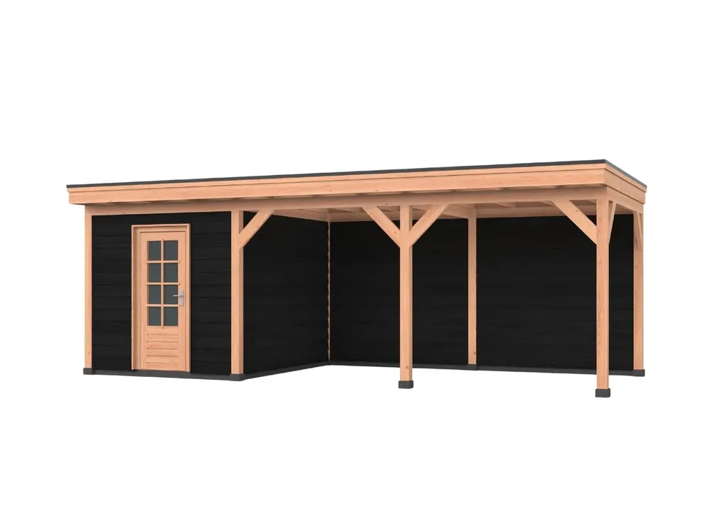 Douglas overkapping, 750 x 250, Met achterwand en schuur, Westwood DIY zwart Populair