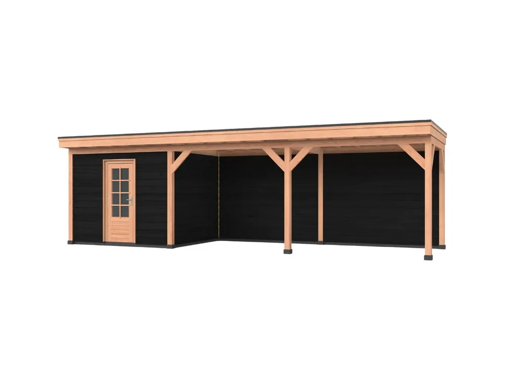 Douglas overkapping, 900 x 300, Met achterwand en schuur, Westwood DIY zwart Speciale Aanbieding