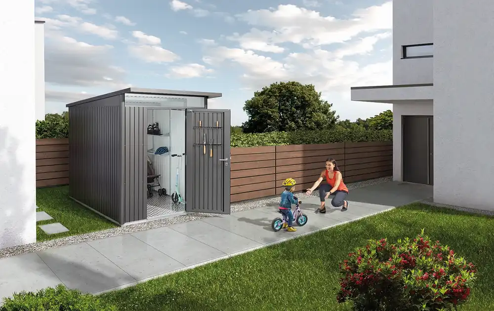 Biohort berging avantgarde met dubbele deur donkergrijs, 180 x 380 x 222 cm, A4 Voordeelprijs
