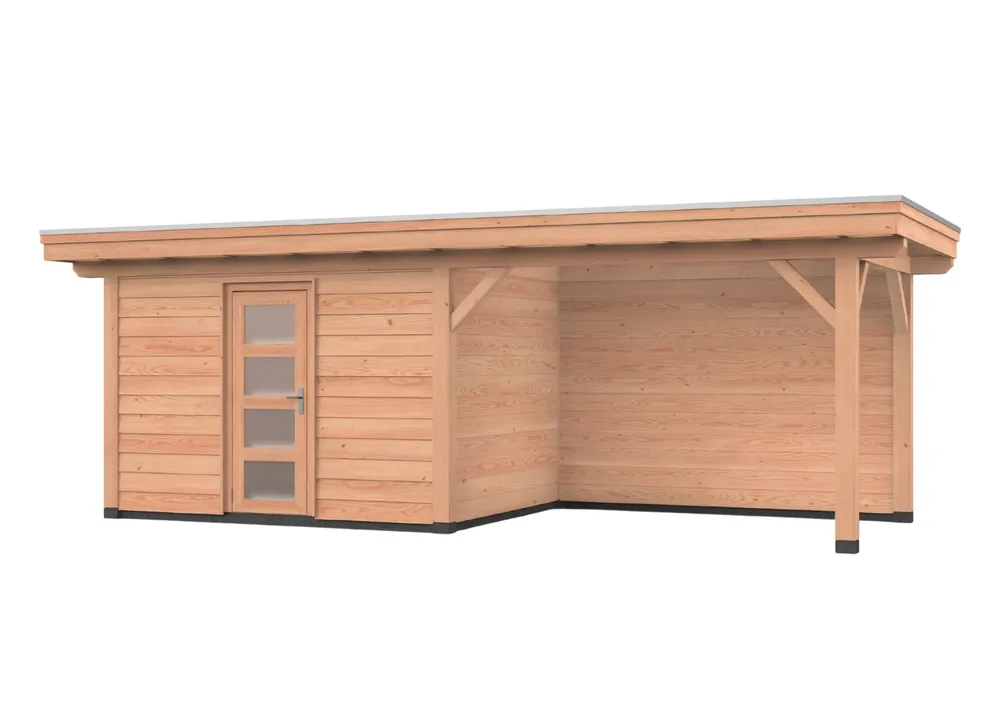 Voordeelprijs Douglas overkapping, 750 x 300, met schuur en achterwand, Westwood Vrijbuiter