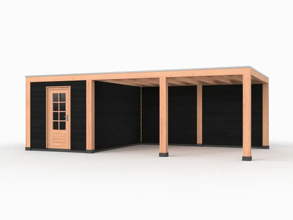 Koopje Douglas overkapping, 750 x 300, met zwarte schuur en achterwand, Westwood Modern