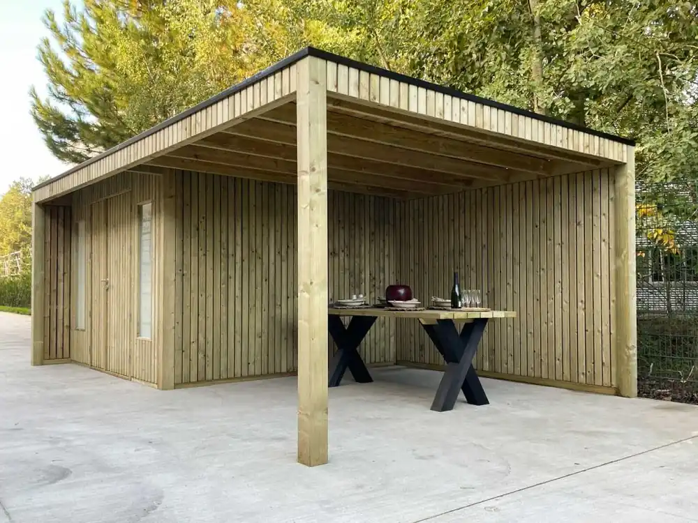 Betaalbaar Lugarde tuinhuis 28mm met overkapping Nunspeet 300x300cm + 300cm