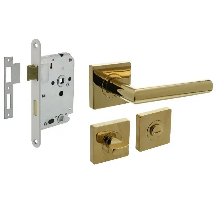 Koop Vandaag Intersteel deurbeslag set WC-slot 63/8 mm wit + deurklink Bastian en wc-sluiting PVD messingkleur