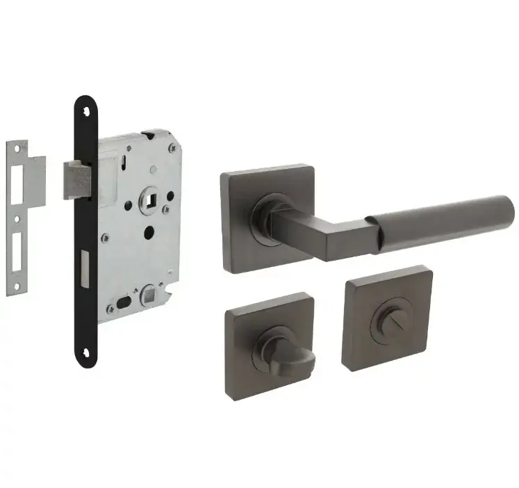 Alleen Vandaag Intersteel deurbeslag set WC-slot 63/8 mm zwart + deurklink Bau-Stil en wc-sluiting antraciet grijs