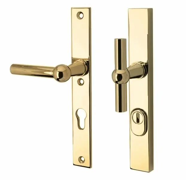 SKG3 PC92 knop/kruk op smalschild Chemin de fer links + kerntrekbeveiliging messing ongelakt Speciale Aanbieding