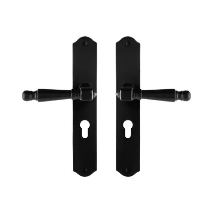 GPF6210.60 smeedijzer zwarte deurkruk Mela op schild PC55, 238x41x4mm Uitverkoop